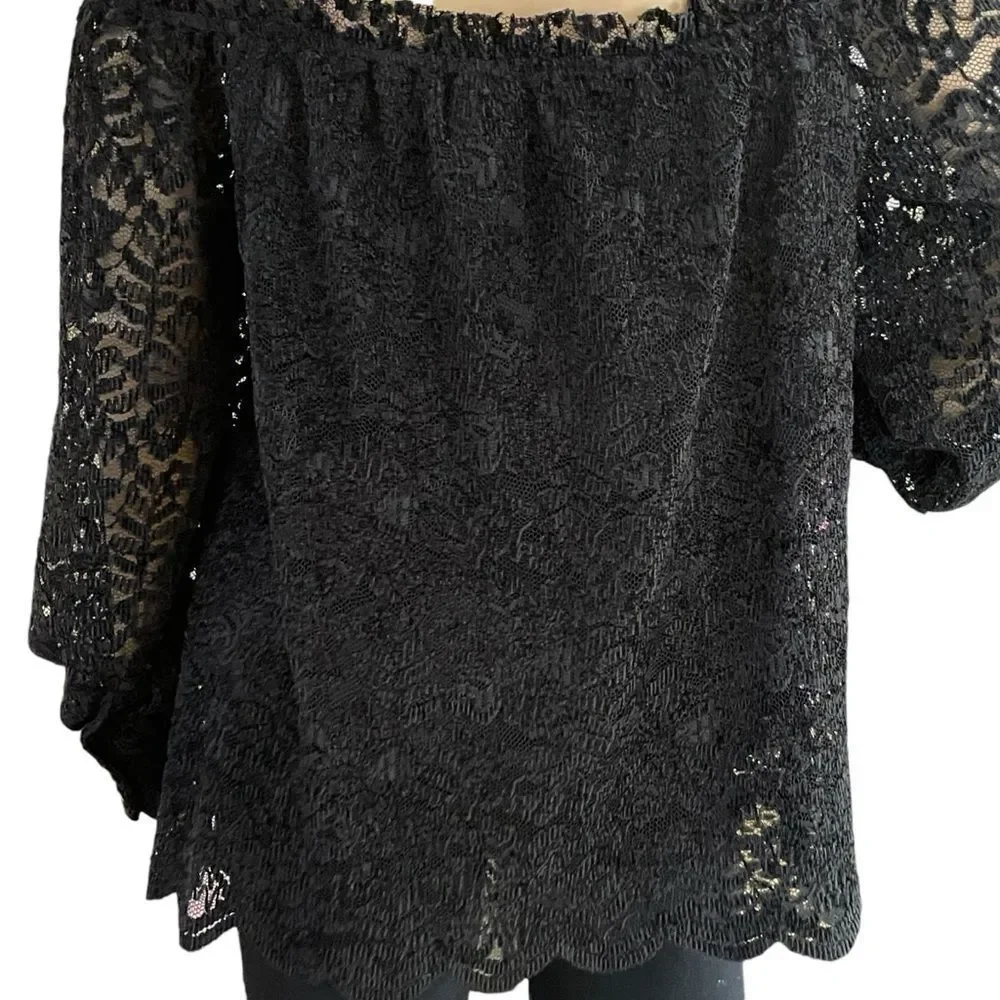 Anthropologie Eri + Ali Romana Lace Off The Shoulder Lined Top Blouse Black Sm